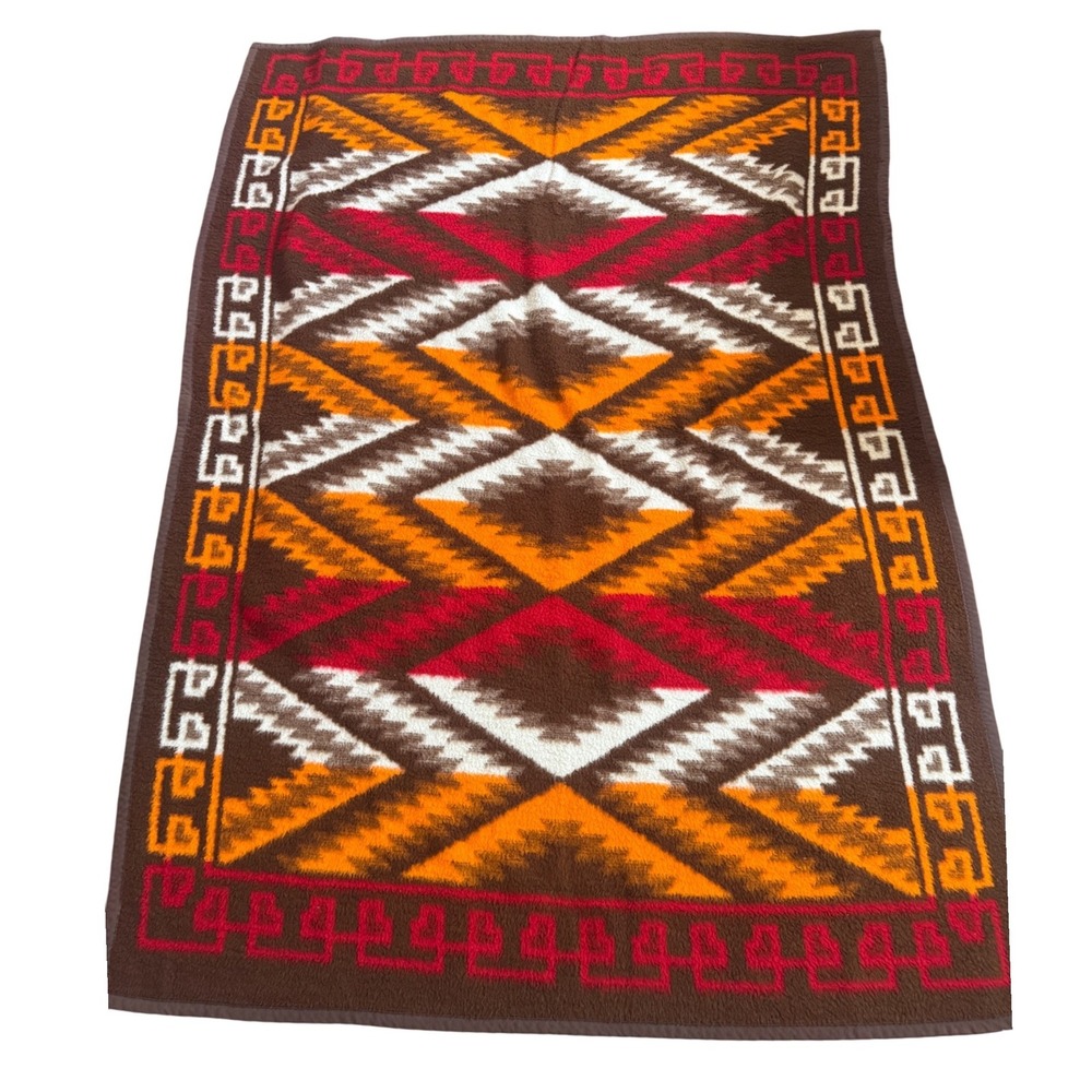 VTG Kare Free Dolan Blanket Southwestern Aztec Pattern Brown Orange Plush Throw